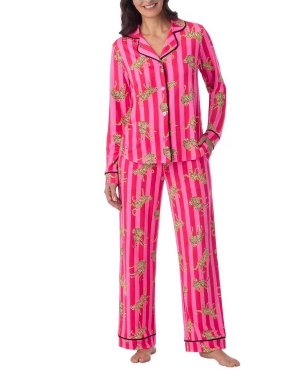 NWT Room Service Notch Collar Pajama Set Pink Stripes w/ Leopards Ladies L 12 14